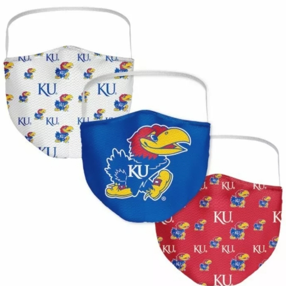 3 Pack Kansas Jayhawks Licensed NCAA Washable Resuable Face Mask Cover.